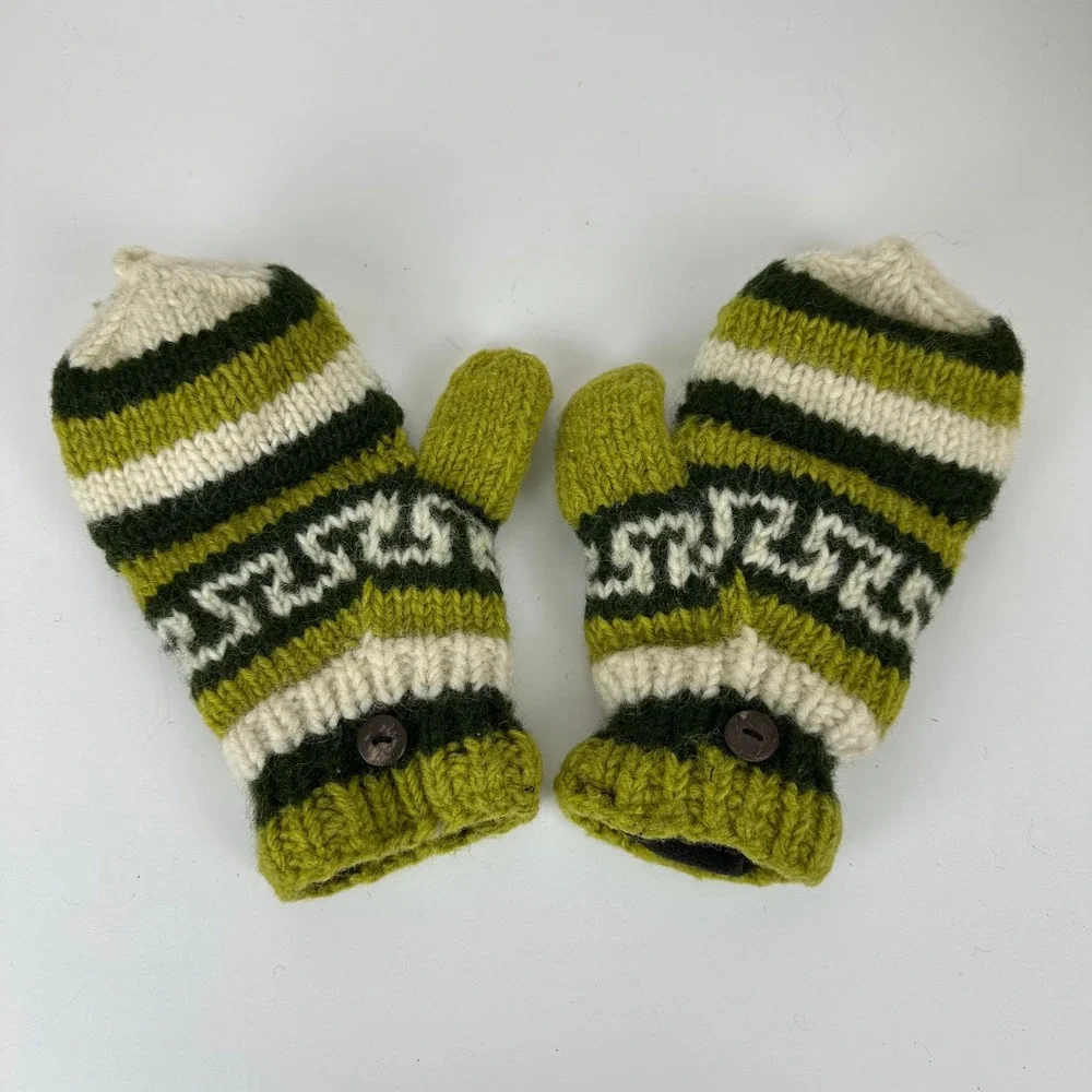 Handmade Wool Convertible Mitten Fingerless Gloves Green Striped Fleece Lined Sm